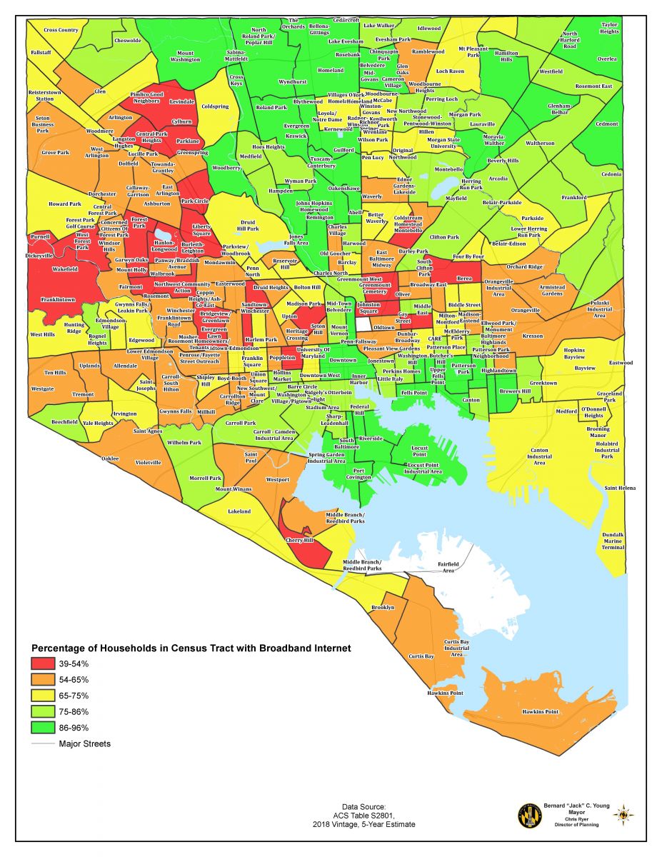 Map showing Baltimore City color-coded by internet access.