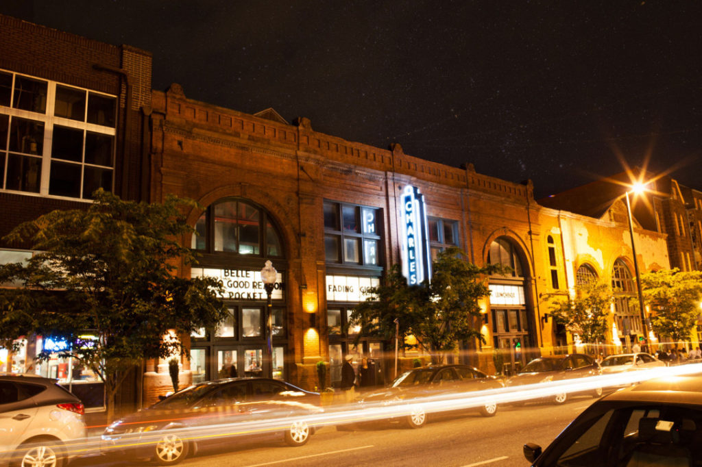 Image of the Charles Theatre at night.