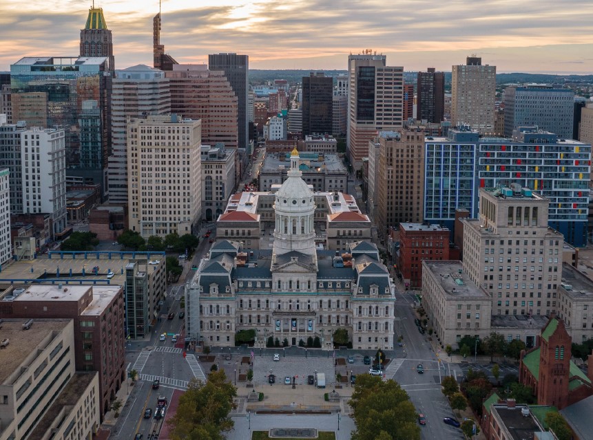Aerial photograph of Baltimore's City Hall.